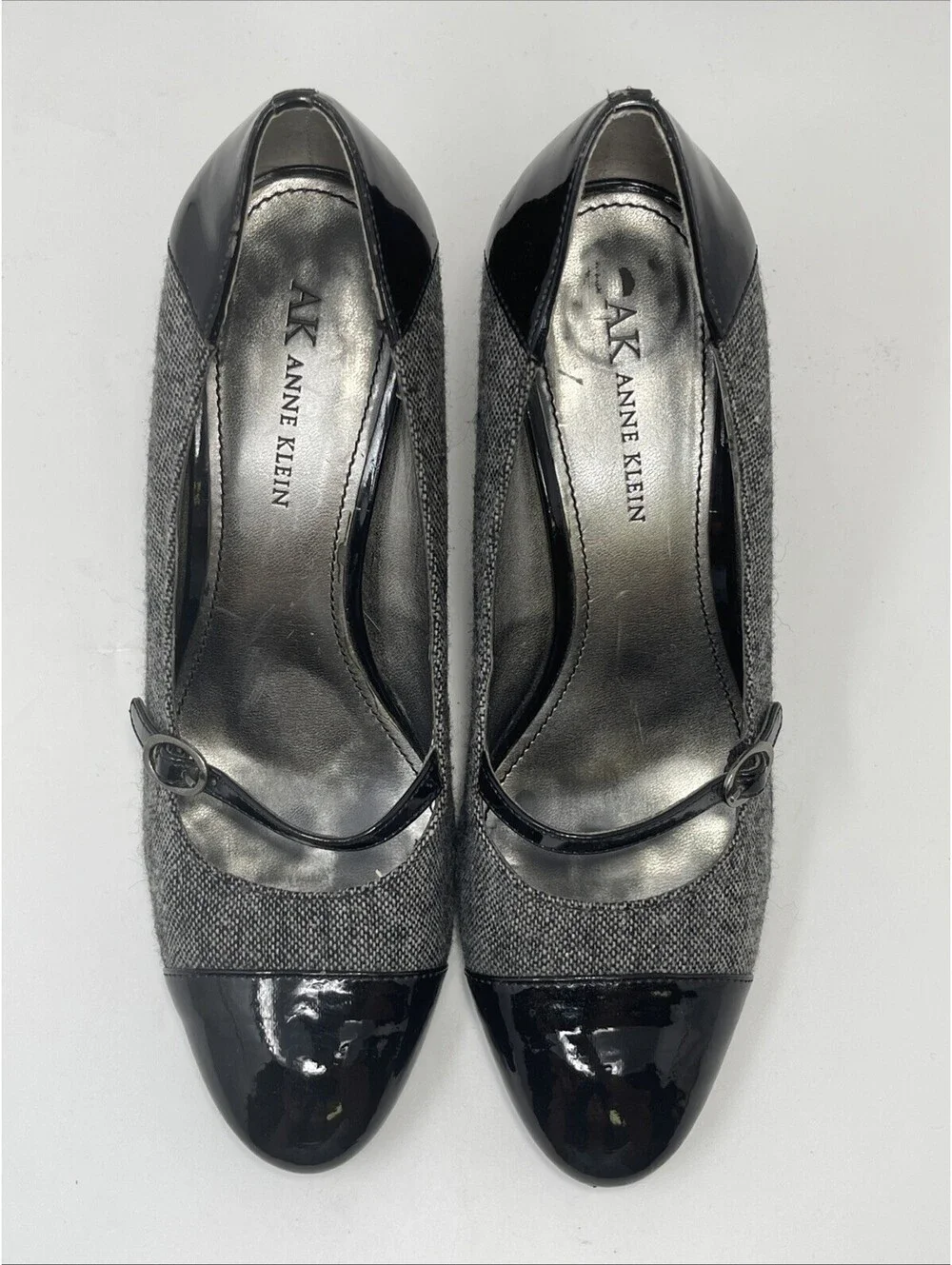 Anne Klein Mary Jane Heel Women's 7.5 SWEET PEA Black Fabric Patent Pump 3.5